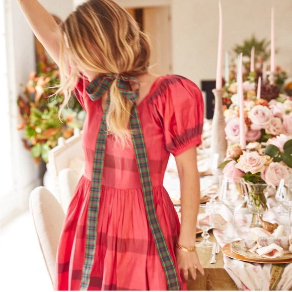 LoveShackFancy Red Plaid Silk Dress for Holidays - 2 - Picture 1 of 9